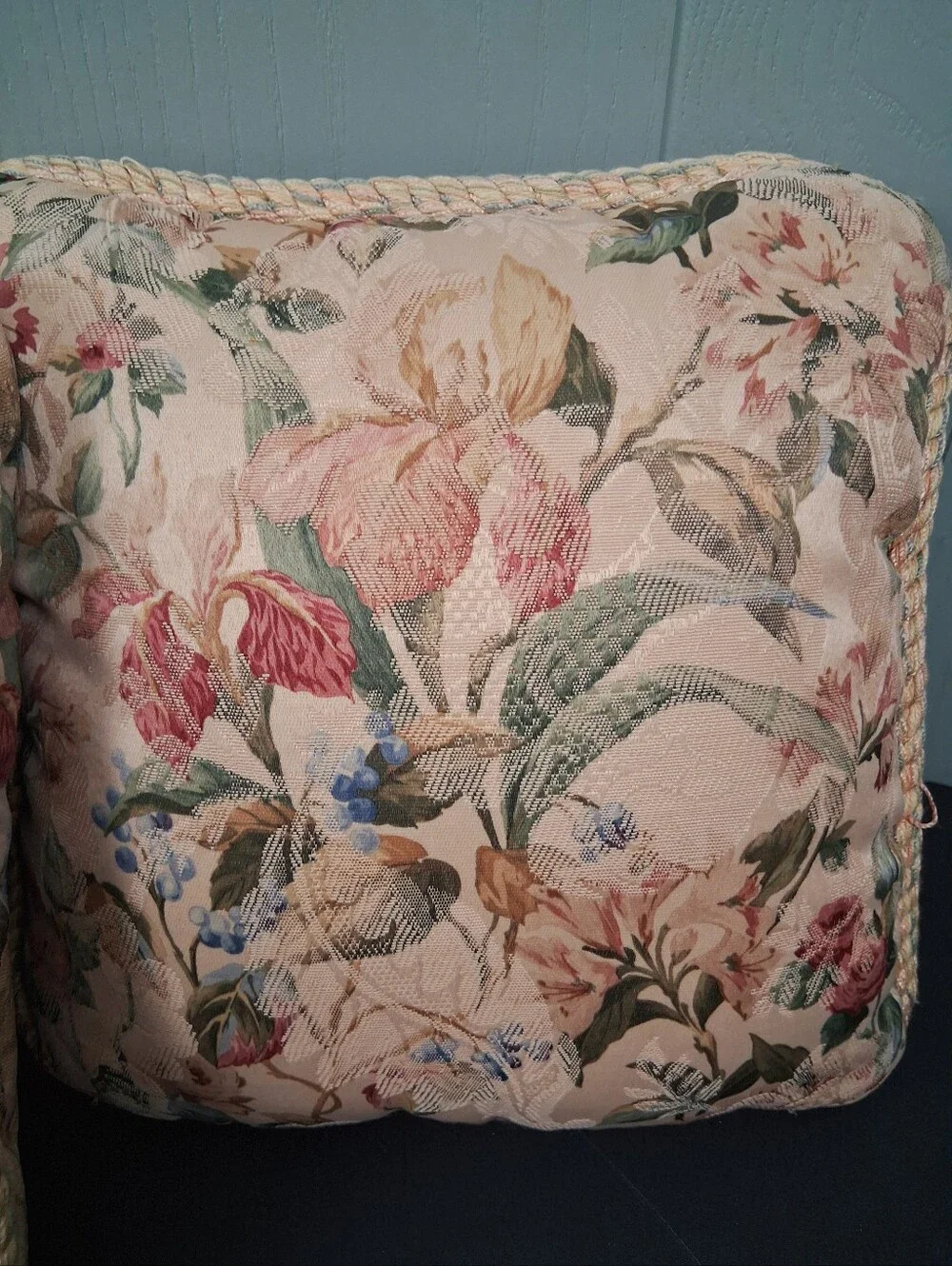 2 Vintage Jacquard Throw Pillows Boho Romantic Cottagecore Cord Trim Brocade